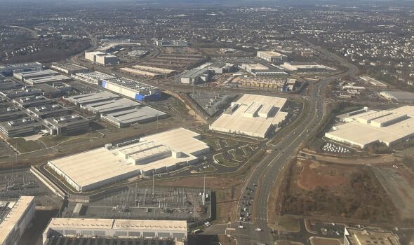 Aerial image of data centers and other buildings in Ashburn, Virginia.