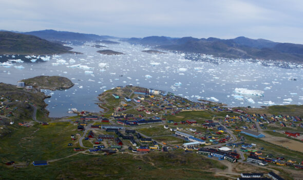Overview image of Narsaq, Greenland, and icebergs