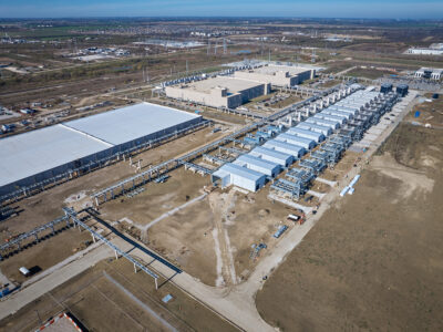 Aerial image of cooling towers at a Google data center in Texas
