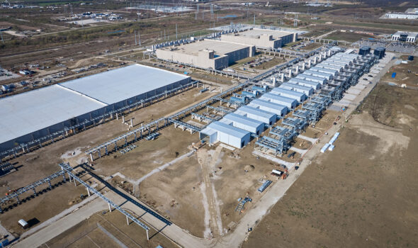 Aerial image of cooling towers at a Google data center in Texas